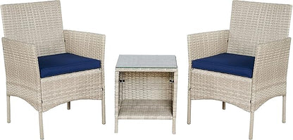 BTEXPERT Outdoor Wicker Conversation 3 Piece Bistro Set Garden Patio Yard Porch Furniture Space Saving Pe Rattan 2 Chairs Cushions Side Storage Glass Table Stone Gray/Navy Blue 3pc