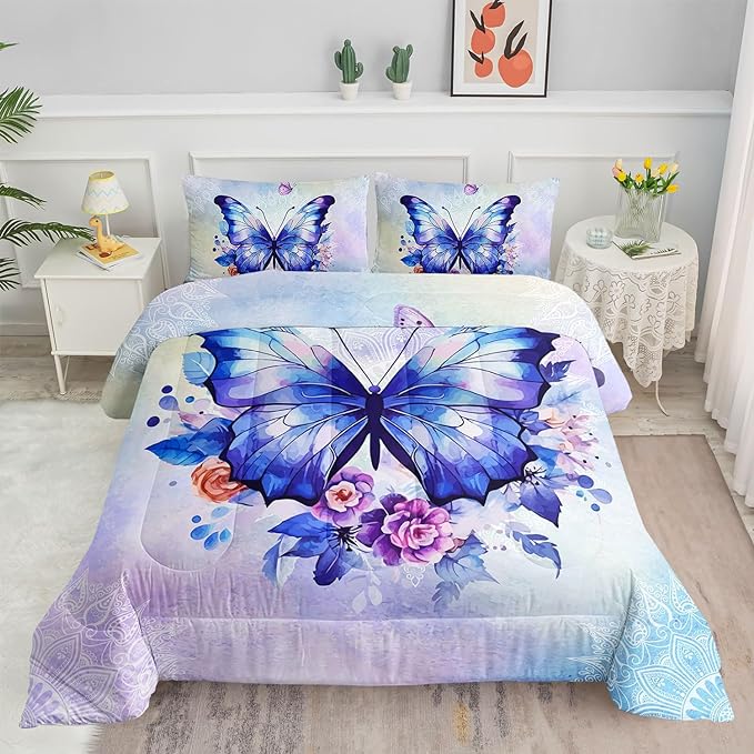 Datura home Kids Comforter Set Butterfly Printed Pattern Bedding Set with 1 Comforter and 2 Pillowcases for Girls Boys Bedroom All Season(Butterfly3 Twin)