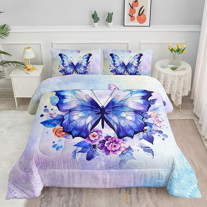 Datura home Kids Comforter Set Butterfly Printed Pattern Bedding Set with 1 Comforter and 2 Pillowcases for Girls Boys Bedroom All Season(Butterfly3 Queen)