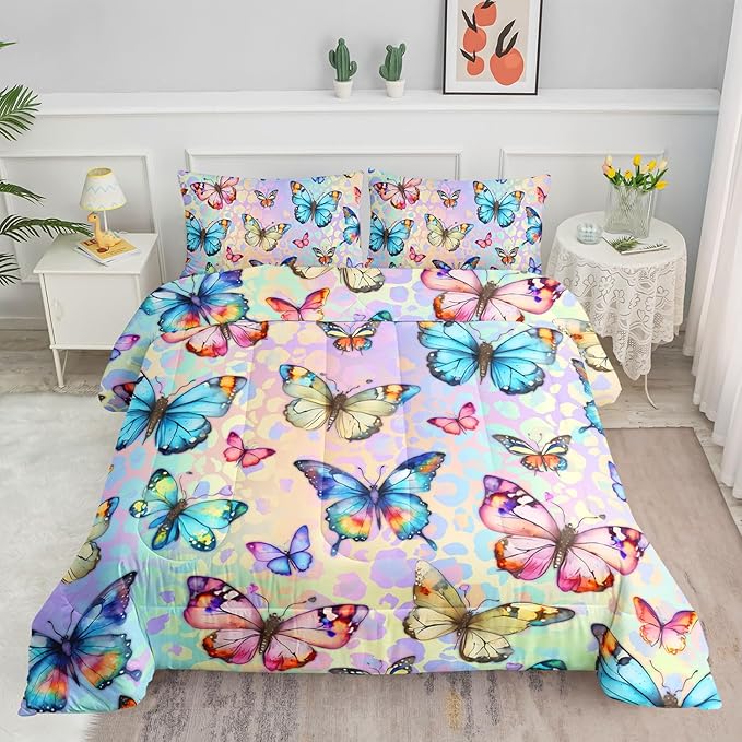 Datura home Kids Comforter Set Butterfly Printed Pattern Bedding Set with 1 Comforter and 2 Pillowcases for Girls Boys Bedroom All Season(Butterfly0 Twin)