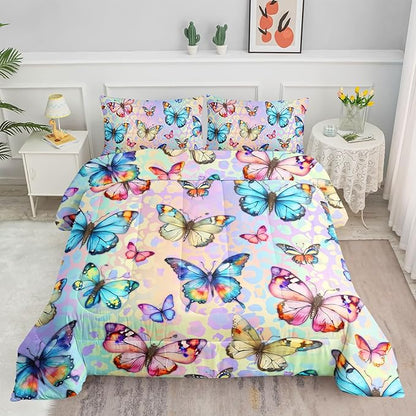 Datura home Kids Comforter Set Butterfly Printed Pattern Bedding Set with 1 Comforter and 2 Pillowcases for Girls Boys Bedroom All Season(Butterfly0 Full)