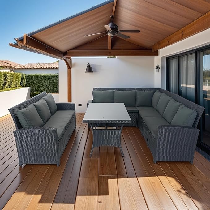 5 Pieces Outdoor Rattan Patio Furniture Sectional, Seater Conversation Set with 3 Storage Under Seat Wicker + Dark Grey Cushion for Backyard, Deck, Poolside, Zl-Black