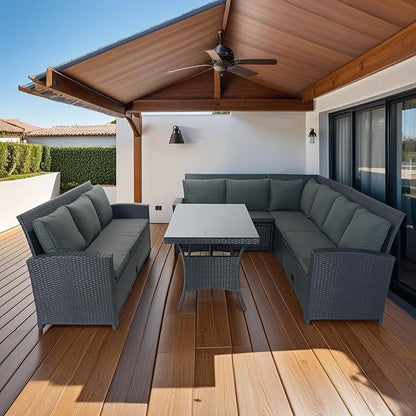 5 Pieces Outdoor Rattan Patio Furniture Sectional, Seater Conversation Set with 3 Storage Under Seat Wicker + Dark Grey Cushion for Backyard, Deck, Poolside, Zl-Black