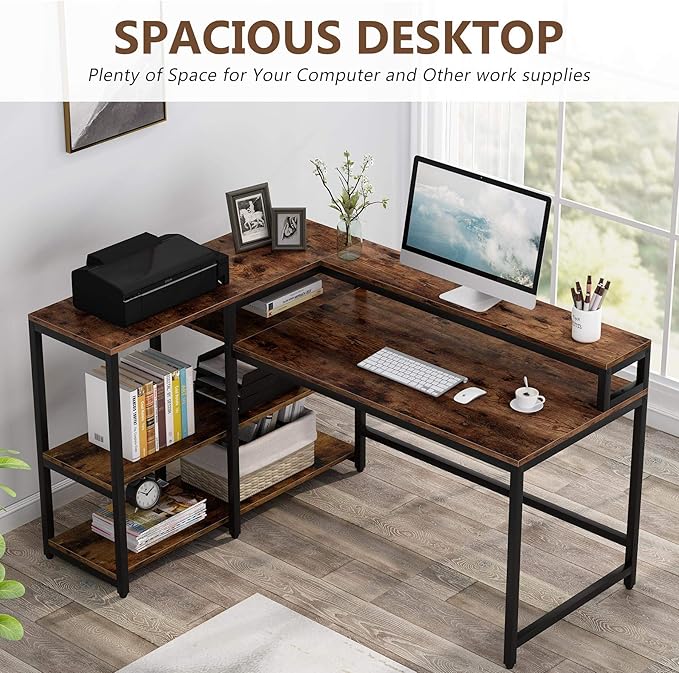 Reversible L Shaped Computer Desk with Storage Shelf, Industrial Corner Desk with Monitor Stand for Home Office
