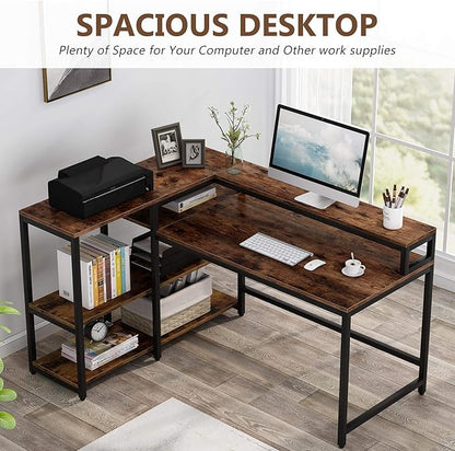 Reversible L Shaped Computer Desk with Storage Shelf, Industrial Corner Desk with Monitor Stand for Home Office