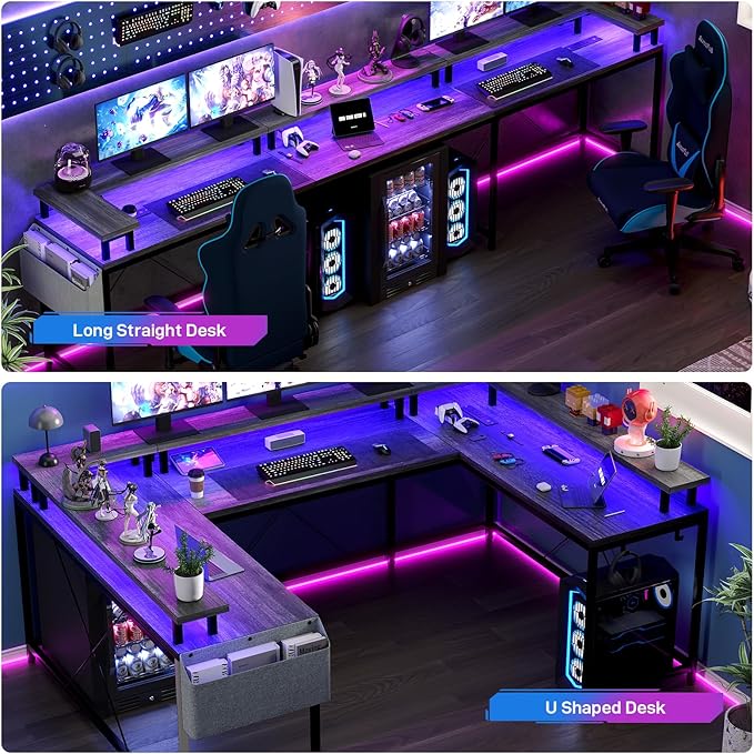 U Shaped Computer Gaming Desk, Reversible L Shaped Desk with Power Outlets, LED Strip & Monitor Stand, Large Corner Desk with Storage Shelves for Home Office, Grey Oak
