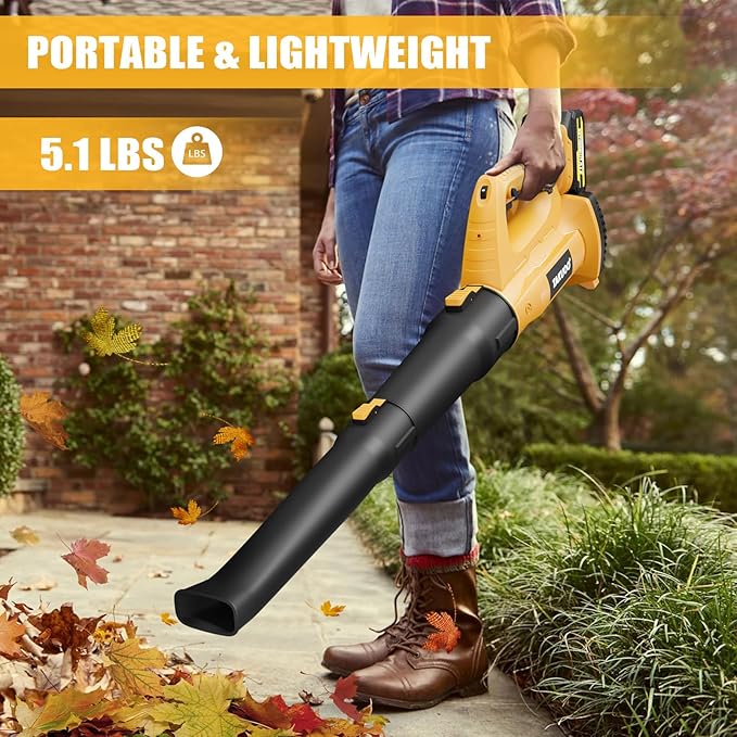 Cordless Leaf Blower, 450CFM 150MPH 21V Electric Leaf Blower with 2 x 4.0Ah Battery and Charger, 6 Speed Portable Lightweight Small Blower for Lawn Care Sweeping Snow, Yard, Garden, Patio