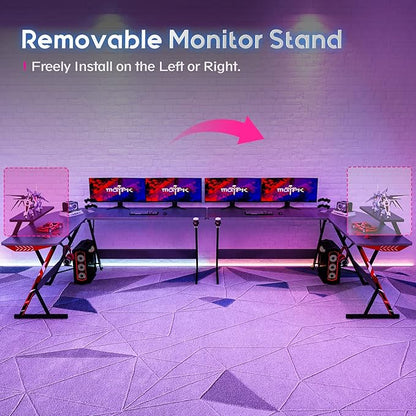 MOTPK L Shaped Gaming Desk 66 Inch, Gaming Computer Desk L Shape with Carbon Fiber Surface, Gamer Desk Gaming Table with Monitor Shelf, Cup Holder & Headphone Hook, Black