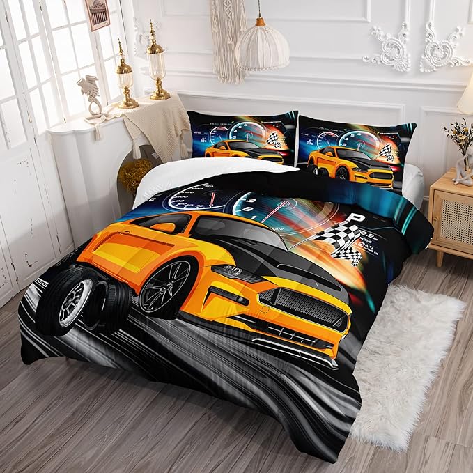 Axolotl Race Car Bedding Set Queen Size,Boys Extreme Sports Comforter Set for Kids Boys Car Racing Gifts,Yellow Cool Car Comforter Car Sports Quilt Set 1 Comforter with 2 Pillowcase Car Racing Gifts