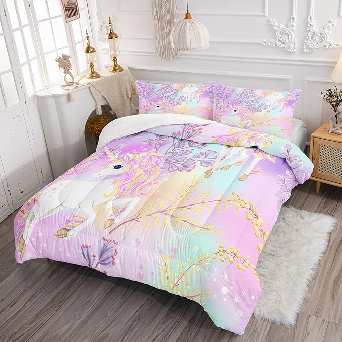 CVHOUSE Rainbow Unicorn Bedding Full Size,Rainbow Unicorn Bedding Set for Girls Kids Teens,Rainbow Unicorn Comforter Set Unicorn Duvet Set Unicorn Quilt Set Girls Room Decor 3 Pieces