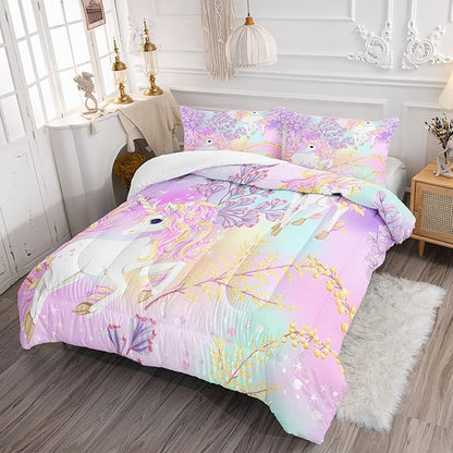 CVHOUSE Rainbow Unicorn Bedding Twin Size,Rainbow Unicorn Bedding Set for Girls Kids Teens,Rainbow Unicorn Comforter Set Unicorn Duvet Set Unicorn Quilt Set Girls Room Decor 3 Pieces