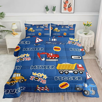 Kids Comforter Set Butterfly Printed Pattern Bedding Set with 1 Comforter and 2 Pillowcases for Girls Boys Bedroom All Season(Truck Queen)