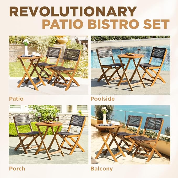 Wood Wicker Design Heavy Duty 400lbs Capacity Premium Patio Bistro Set 3 Piece Outdoor, Onesize
