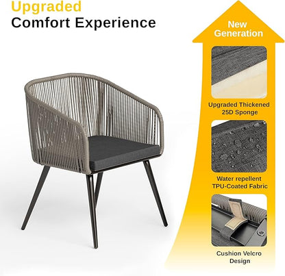 EAST OAK Breezeway Patio Furniture Set, 3-Piece Outside Bistro Set Handwoven Rattan Wicker Chairs with Waterproof Cushions, Tempered Glass Table, Outdoor Conversation Set, Light Grey & Dark Grey