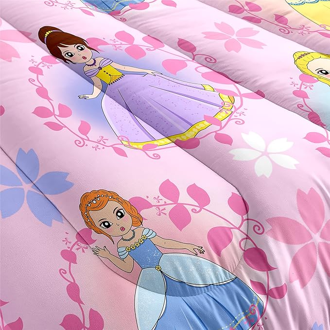 Princess Comforter Sets Twin for Girls, Cute Princess Bedding Comforter Sets, Pink Twin Size Comforter Set for Girls Kids Twin Bedding Set with 1 Pillowcase