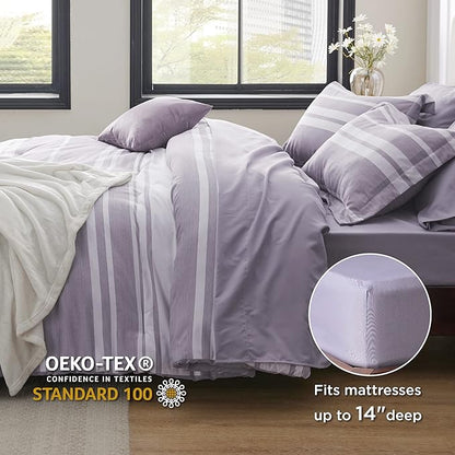 Bedsure Bed in a Bag King Size 7 Pieces, Purple White Striped Bedding Comforter Sets All Season Bed Set, 2 Pillow Shams, Flat Sheet, Fitted Sheet and 2 Pillowcases