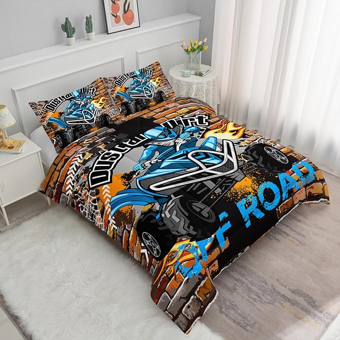 Axolotl Quad Bike Bedding Set Queen,Dirt Bike Comforter Set,Extreme Sports Bedding Set,Sports Theme Comforter Set,Tractor Truck Bedding,Motorcycle Comforter for Kids Boys Teens,1 Quilt 2 Pillowcases