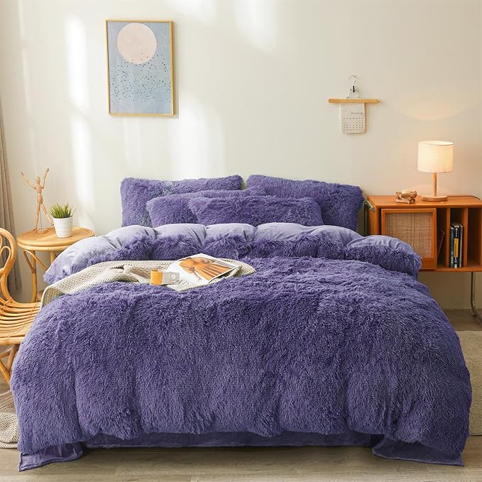 Fluffy Faux Fur navy blue Comforter Cover Set Queen - Ultra Soft Plush navy blue Bedding Sets 3 Pieces (1 fluffy duvet cover + 2 Faux Fur Pillow case) Cute navy blue Bed Set (Dark Blue, Queen)
