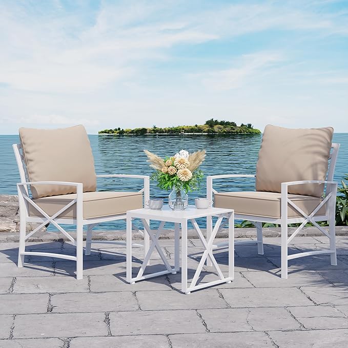 Shintenchi 3 Piece White Metal Outdoor Furniture Sectional Set, Modern Outdoor Metal Chair Conversation Furniture Set with Coffee Table for Patio,Backyard,Balcony (Khaki)
