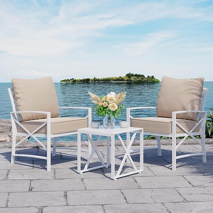 Shintenchi 3 Piece White Metal Outdoor Furniture Sectional Set, Modern Outdoor Metal Chair Conversation Furniture Set with Coffee Table for Patio,Backyard,Balcony (Khaki)