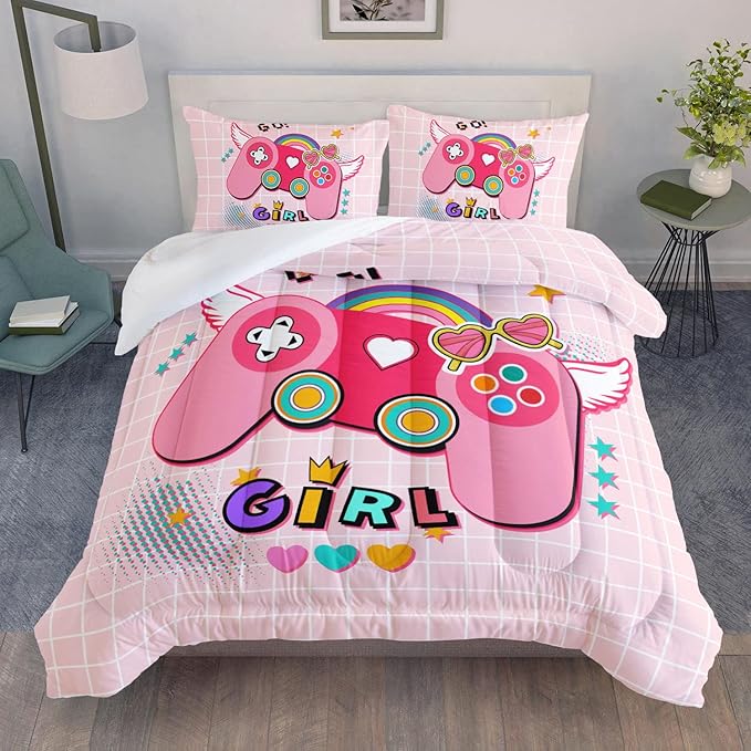 Datura home Bedding Comforter Set Pink Gamepad Printed Pattern Quilt with 1 and 2 Pillowcases for Girls Bedroom All Season(Pink Queen) Queen 90x90inches