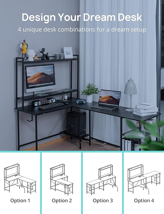 Evajoy L Shaped Computer Desk with Power Outlets and USB Ports, Reversible L-Shaped Corner Gaming Desk with Storage Shelves, 94.5’’ Industrial 2 Person Home Office Desk with Monitor Stand for Home