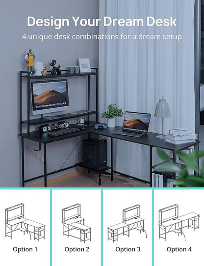 Evajoy L Shaped Computer Desk with Power Outlets and USB Ports, Reversible L-Shaped Corner Gaming Desk with Storage Shelves, 94.5’’ Industrial 2 Person Home Office Desk with Monitor Stand for Home