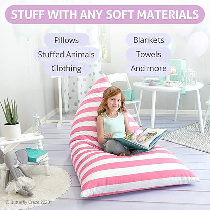 Butterfly Craze Bean Bag Chair Cover, Functional Toddler Toy Organizer, Fill with Stuffed Animals to Create a Jumbo, Comfy Floor Lounger for Boys or Girls, Stuffing Not Included, Light Pink Stripes