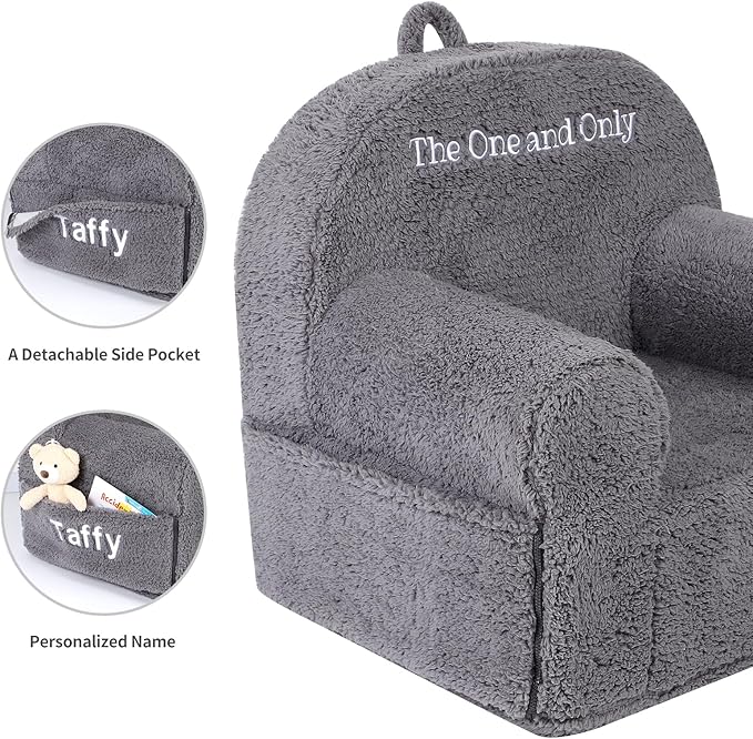 Personalized Kids Chair, High Back Toddler Sherpa Chair, Customize with Name, Grey