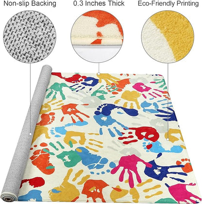 Large Colorful Kids Rug 6x9 Ft, Non-Slip Washable Rug for Classroom, Handprints and Footprints Rugs for Playroom, Soft Nursery Rug Indoor Play Mat for Kids Room Daycare School
