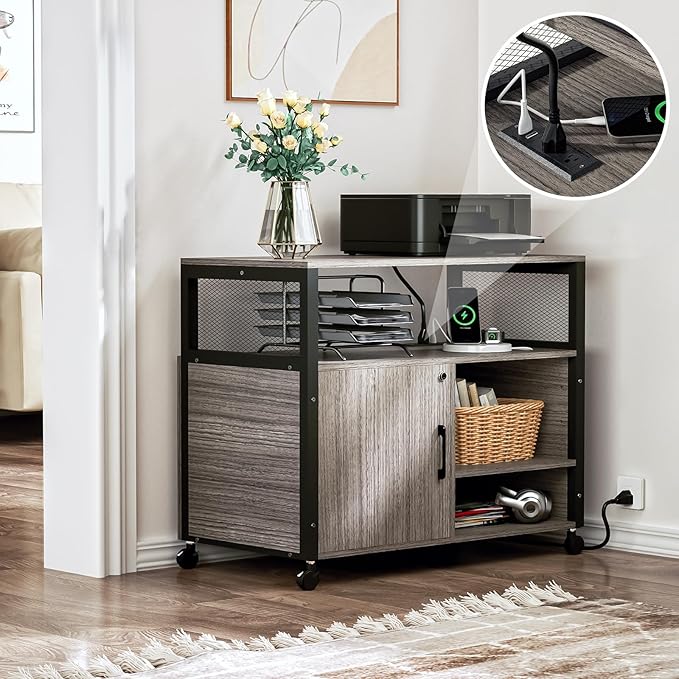 Lateral File Cabinets with Socket & USB Charging Station, Lockable Office File Cabinets Rolling Printer Stand with Open Storage Shelves for Home Office Organization & Storage
