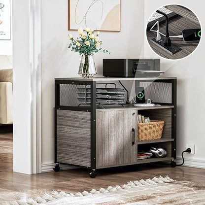 Lateral File Cabinets with Socket & USB Charging Station, Lockable Office File Cabinets Rolling Printer Stand with Open Storage Shelves for Home Office Organization & Storage