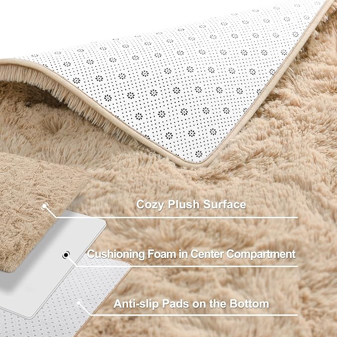 Super Soft Fluffy Shaggy Rugs for Living Room Bedroom, Fuzzy Plush Area Rugs for Girls Kids Room Nursery Home Decor, Furry Dorm Rug Cute Non-Slip Indoor Floor Carpet 5x8 Feet, Beige