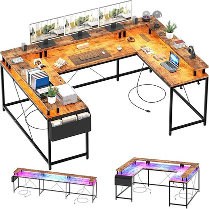 U Shaped Computer Gaming Desk, Reversible L Shaped Desk with Power Outlets, LED Strip & Monitor Stand, Large Corner Desk with Storage Shelves for Home Office, Rustic Brown