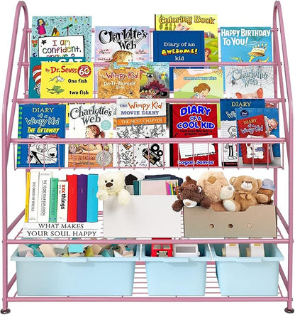aboxoo Metal Kids Bookshelf Pink Bookcase Freestanding for Children Girls Room 32 inches Large Toddler Pink Stable Bookcase Bookstore Library Book Unit Storage