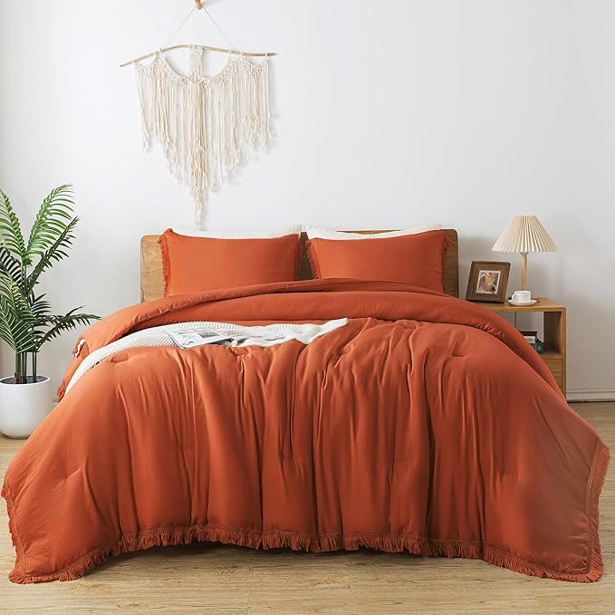 Andency Twin Comforter Set Burnt Orange, 2 Pieces Terracotta Boho Tassel Kids Comforter Sets for Boys Girls Teens, All Season Rust Soft Bed Set (66x90In Comforter & 1 Pillowcase)