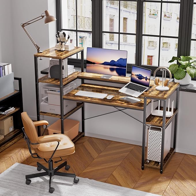 63-Inch Industrial Home Office Desk with Bookshelf, Gaming Computer Desk with Monitor Stand and Printer Shelf for Study, Writing, PC Work