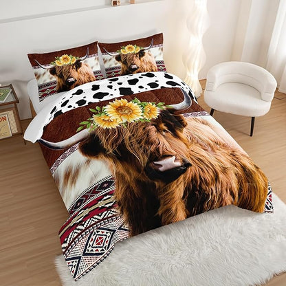 HOSIMA Highland Cow Decor Comforter with 2 Pillowcases,Animal Theme Western Bedding Sets,Brown Cowhide Black White Cow Print Comforter Set,Sunflower Twin Bed in a Bag Sets for Adults Kids.