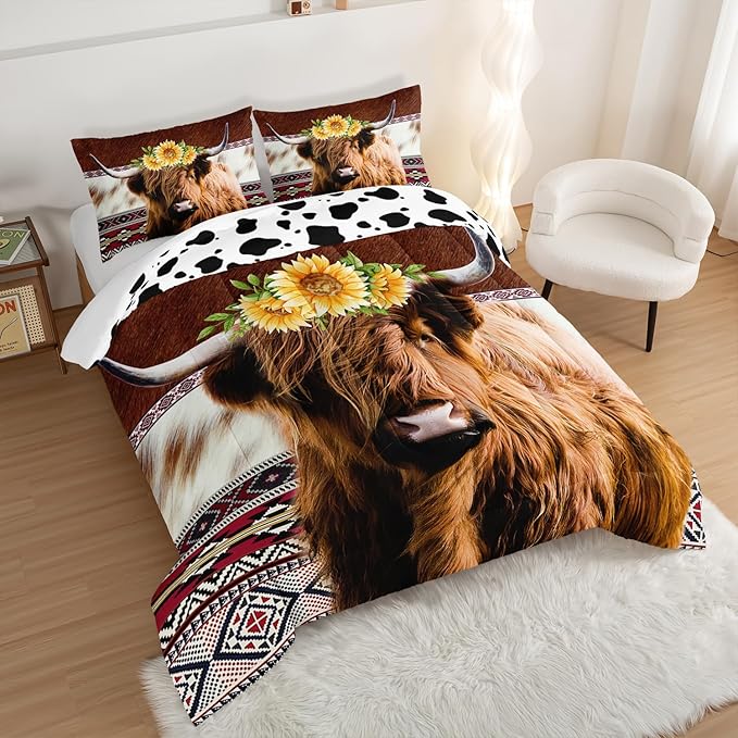 HOSIMA Highland Cow Decor Comforter with 2 Pillowcases,Animal Theme Western Bedding Sets Queen,Brown Cowhide Black White Cow Print Comforter Set for Adults Kids,Sunflower Comforter.