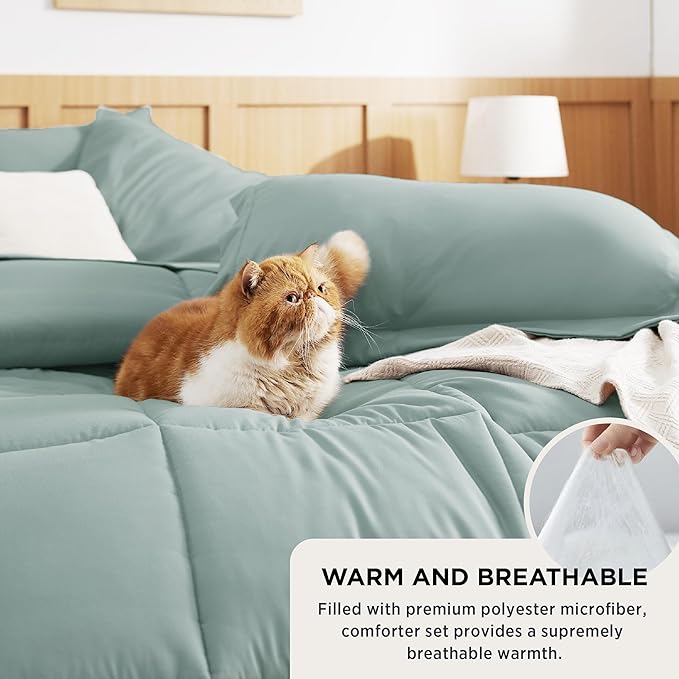 Bedsure Sage Green King Size Comforter Set - 7 Pieces Solid King Bed in a Bag, King Bed Set Sage Green with Quilted Warm Fluffy Comforters, Sheets, Pillowcases & Shams