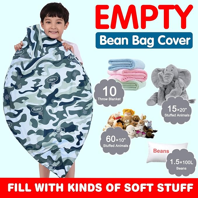 Lukeight Stuffed Animal Storage Bean Bag Chair Cover for Kids, Zipper Beanbag Chair Cover for Organizing Toddler & Kids' Rooms Plush Toys (Camo Velvet, Large)