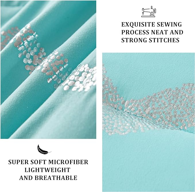 Aqua Comforter Set Twin Size, Metallic Teal and Silver Bedding Set, 3 Piece Lightweight Microfiber Comforter for Teen Girls Boys Women (1 Pillow Case + 1 Decorative Pillow Sham)