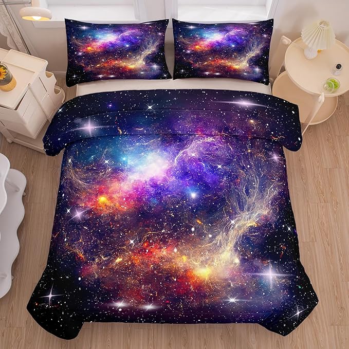 Tailor Shop Galaxy Comforter Space Kids Bedding Set Queen Size, Purple Comforter for Girls with 2 Pillowcase