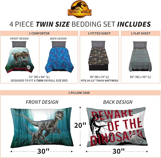 Jurassic World Dominion Blue Velociraptor and Rexy T-Rex Super Soft Microfiber Reversible Comforter, Twin Size, Bedding by Franco Kids
