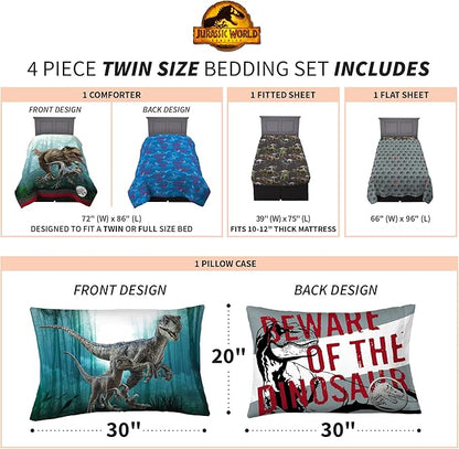 Jurassic World Dominion Blue Velociraptor and Rexy T-Rex Super Soft Microfiber Reversible Comforter, Twin Size, Bedding by Franco Kids