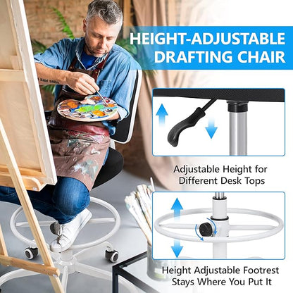 Primy Office Drafting Chair Armless, Tall Office Desk Chair Adjustable Height and Footring, Mid-back Ergonomic Standing Desk Chair Mesh Rolling Tall Chair for Art Room, Office or Home(White)