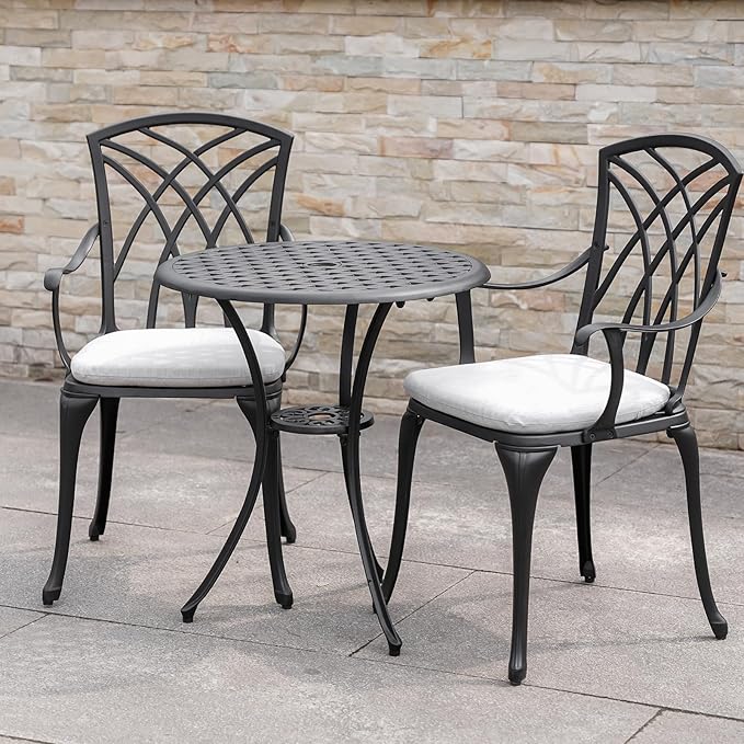3 Piece Bistro Table Set Cast Aluminum Outdoor Bistro Table and Chairs Set of 2 with Cushion,Patio Bistro Sets with 1.97" Umbrella Hole,Metal Bistro Patio Set for Garden,Black