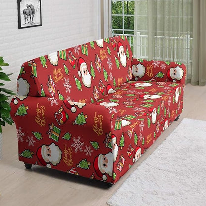 FKELYI Christmas Decor Red Sofa Slipcover for Living Room Santa Claus Sofa Couch Cover with Elastic Bottom Non-Slip Furniture Protector XL