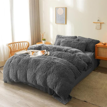 Fluffy Faux Fur dark grey Comforter Cover Set Queen - Ultra Soft Plush dark grey Bedding Sets 3 Pieces (1 fluffy duvet cover + 2 Faux Fur Pillow case) Cute dark grey Bed Set (Dark Grey, Queen)