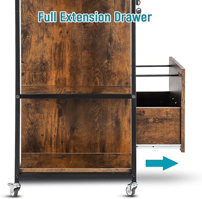 Lateral File Cabinet, 2 Drawer Mobile Filing Cabinet with Outlet, Open Storage Side Shelves, Locking Drawer Fits A4/Letter/Legal Size File Cabinets for Home Office, Brown